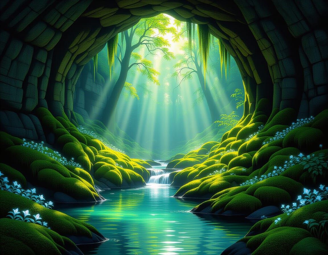 Mystical Forest Grotto with Crystal Stream - Romanticism Sty...