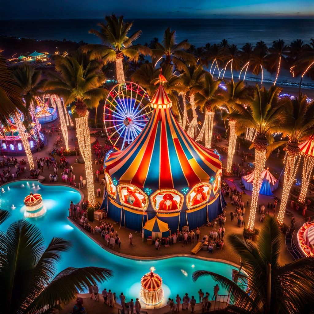 Tropical Island Carnival Circus with Christmas Lights