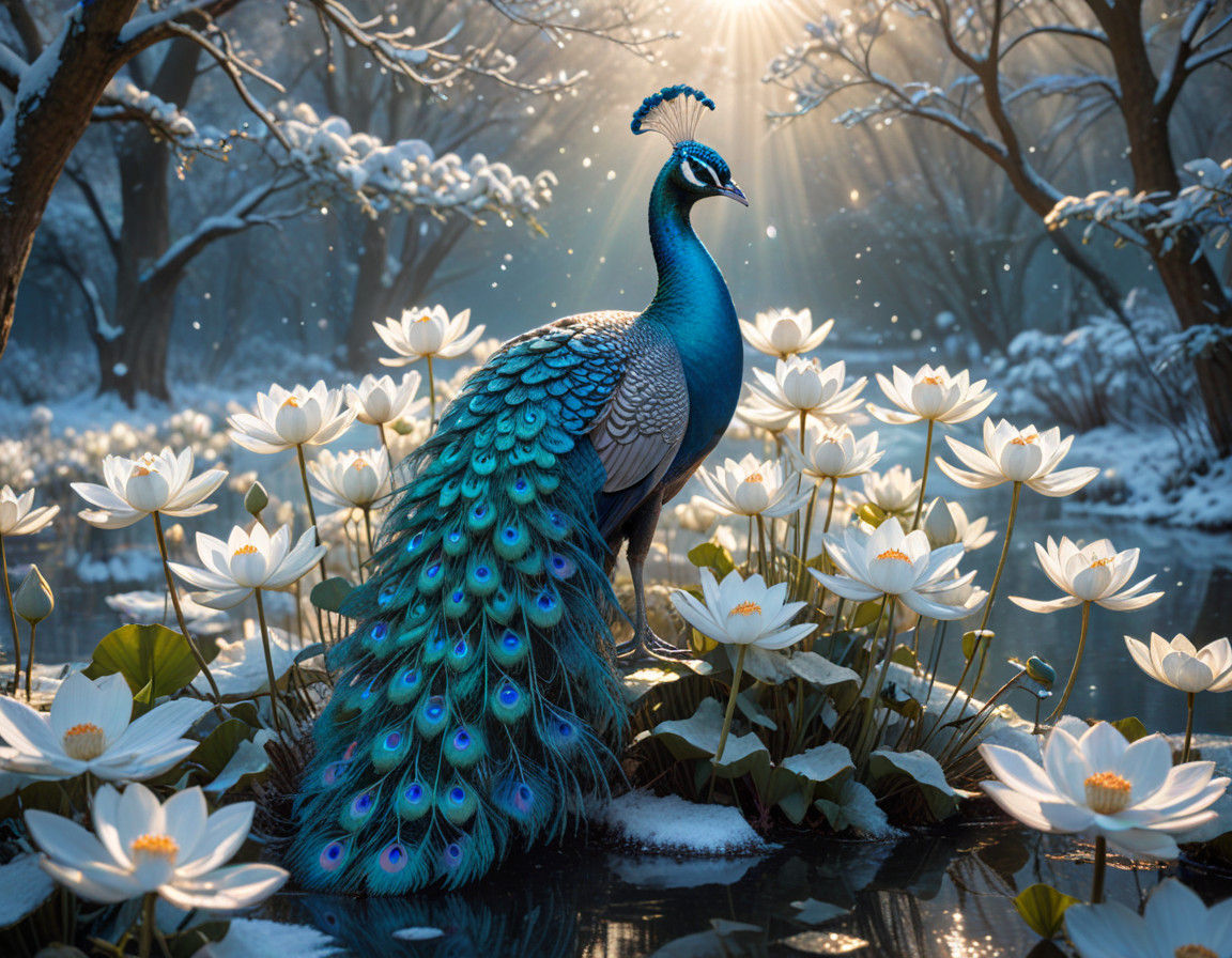 Digital Painting of Majestic Peacock by Serene Winter Pond i...