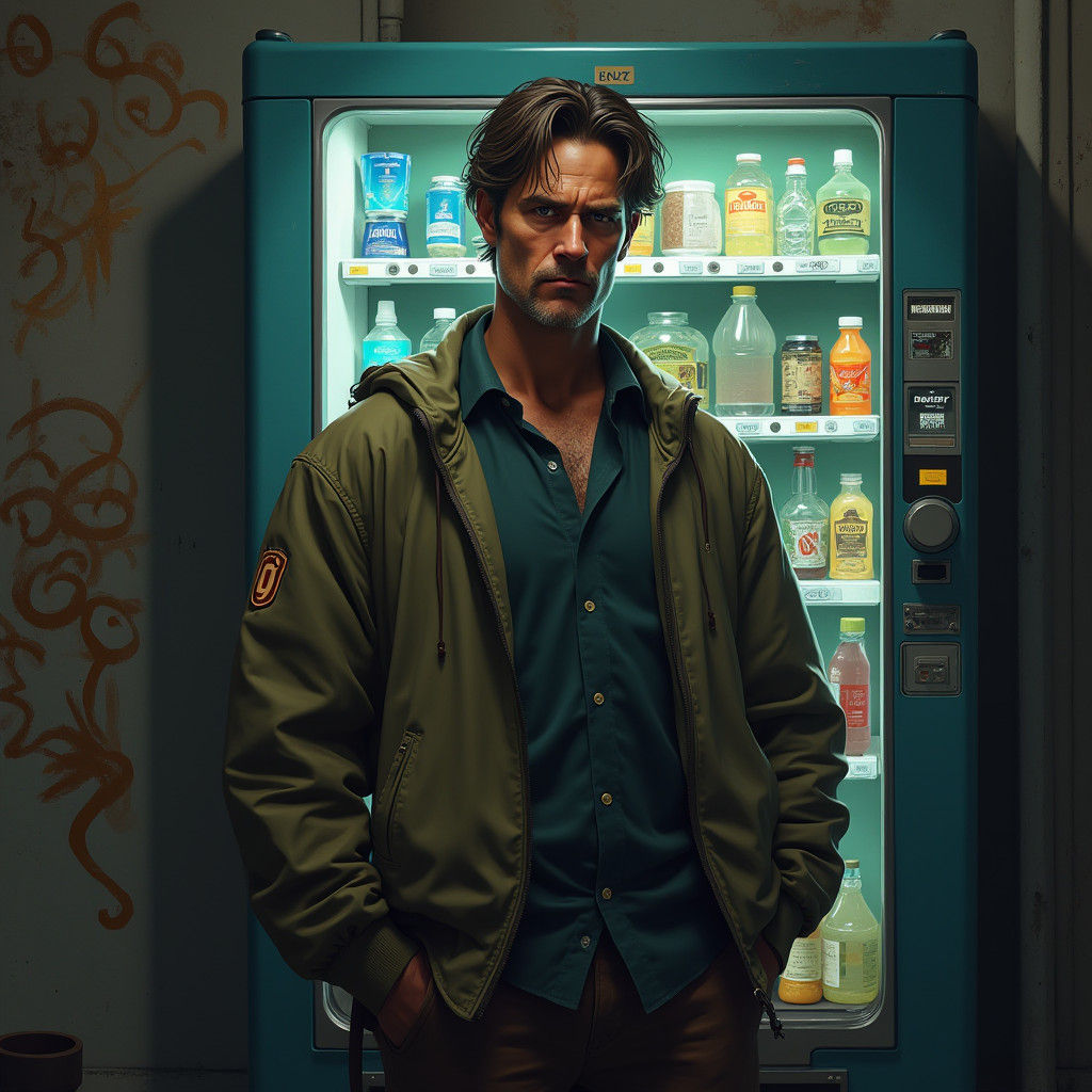 Intriguing Man Near Vending Machine in Fantasy Art Style