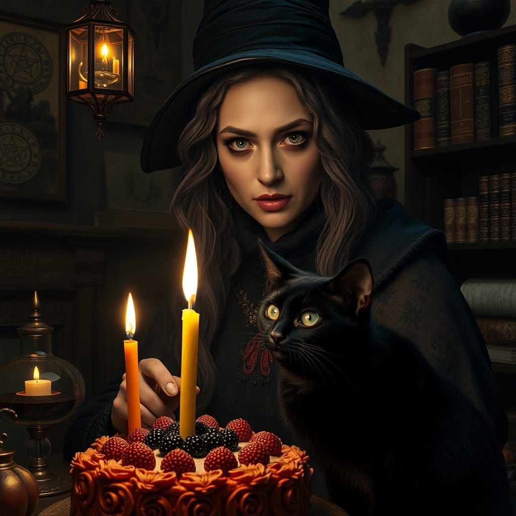 Renaissance Goth Witch and Cat in Alchemy Library