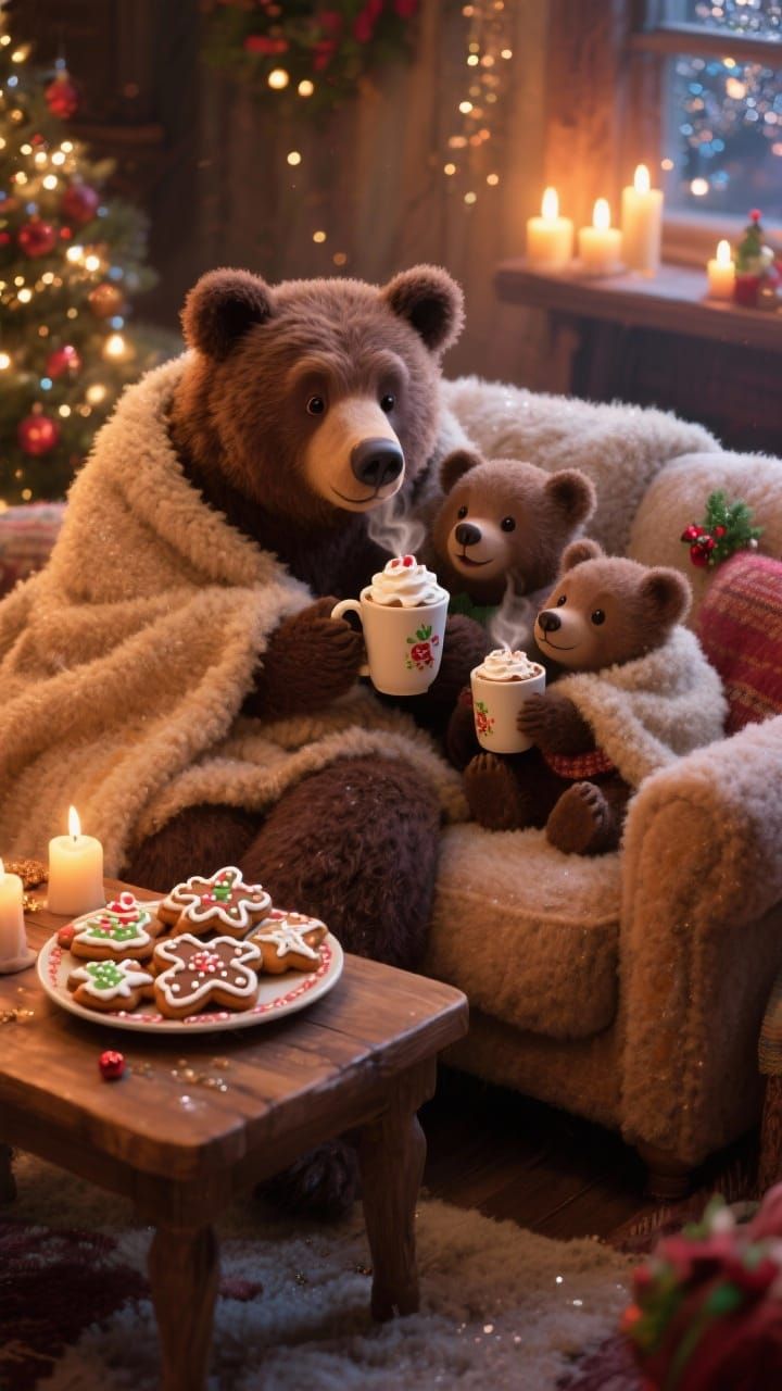 Cozy Bears Enjoying Christmas Treats in Warm Glow