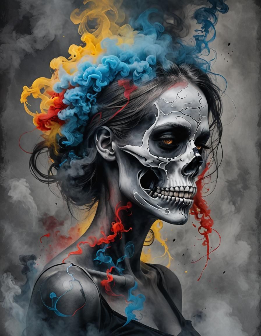 Sad Female Zombie Skull in Smoke Art Style