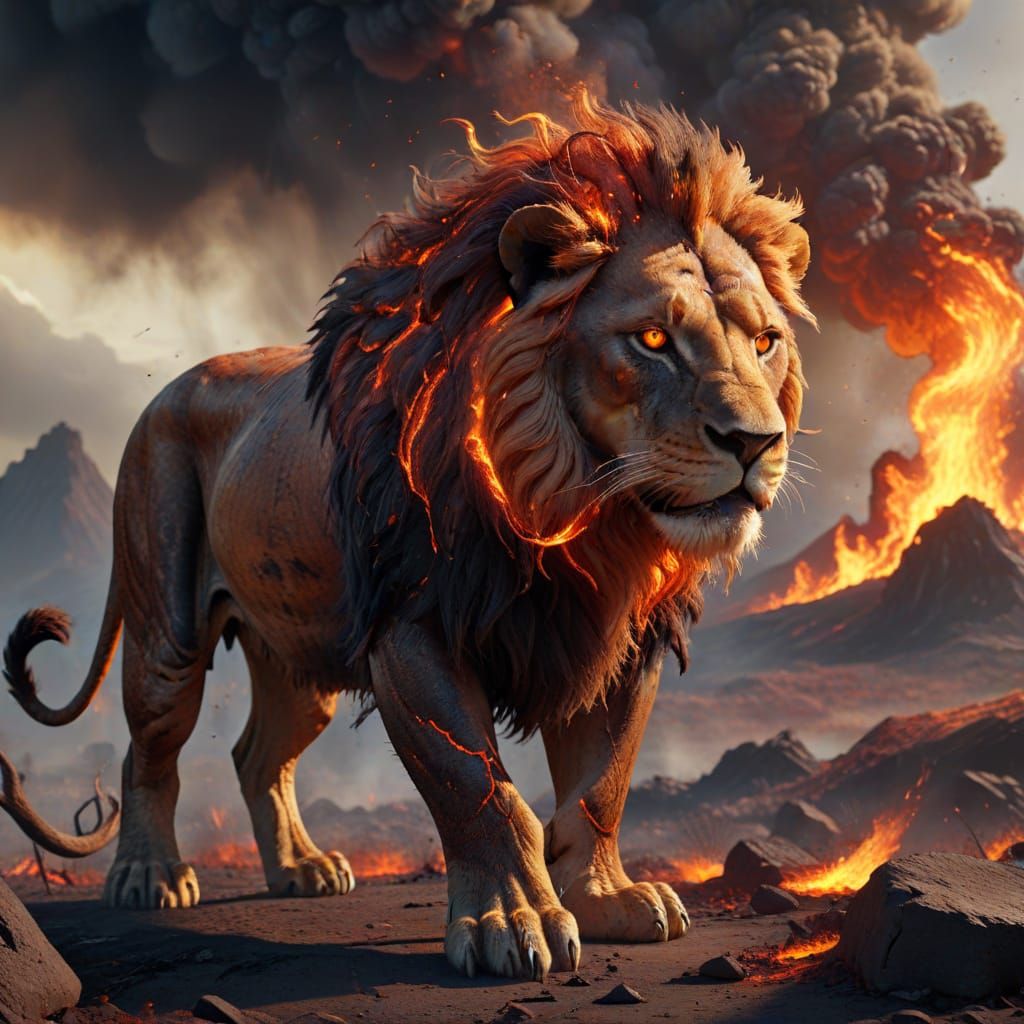 Majestic Lava Lion in a Scorched Landscape