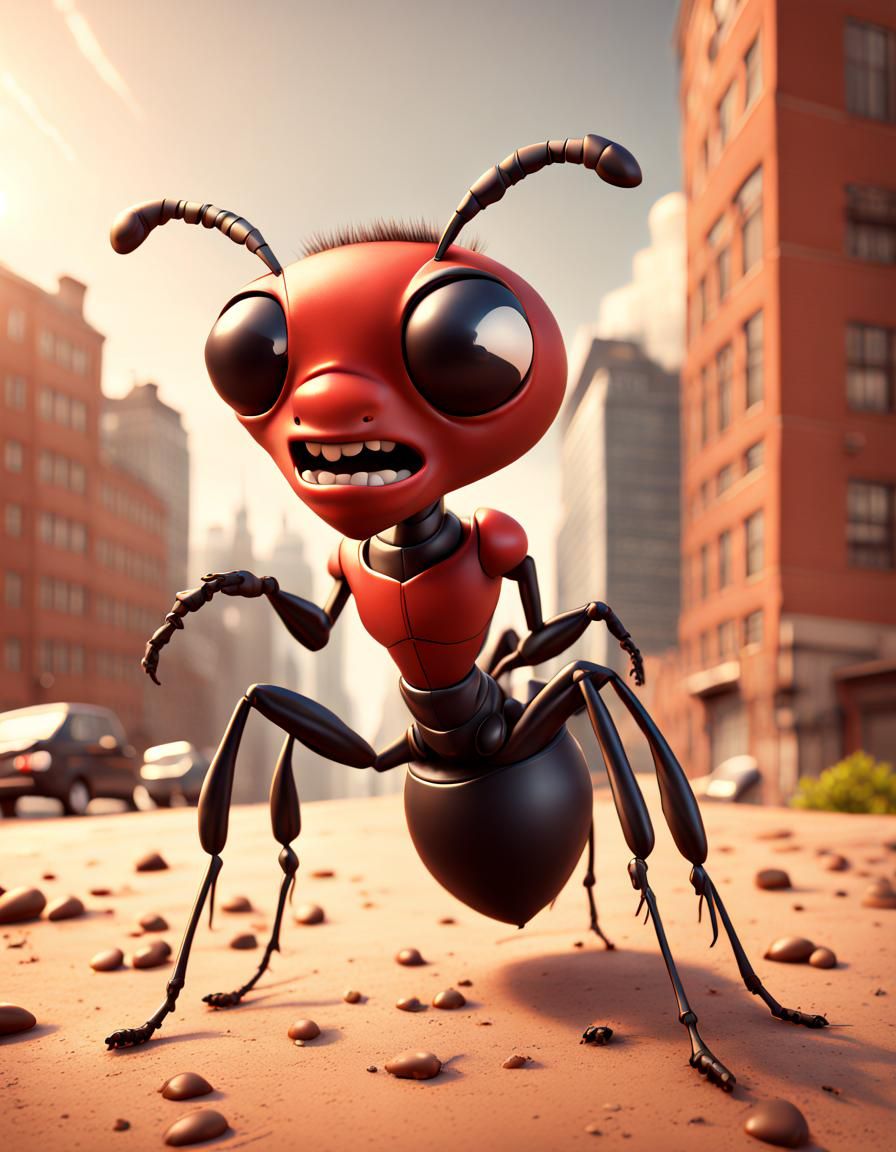 Cartoon Ant Superhero in Detailed CGI Matte Painting