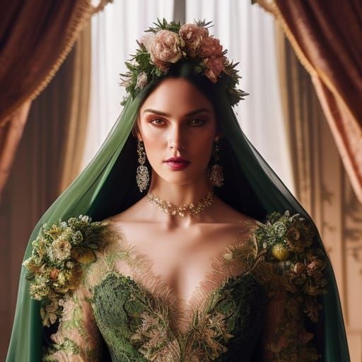 Woman in Green Lace Gown: A Digital Masterpiece