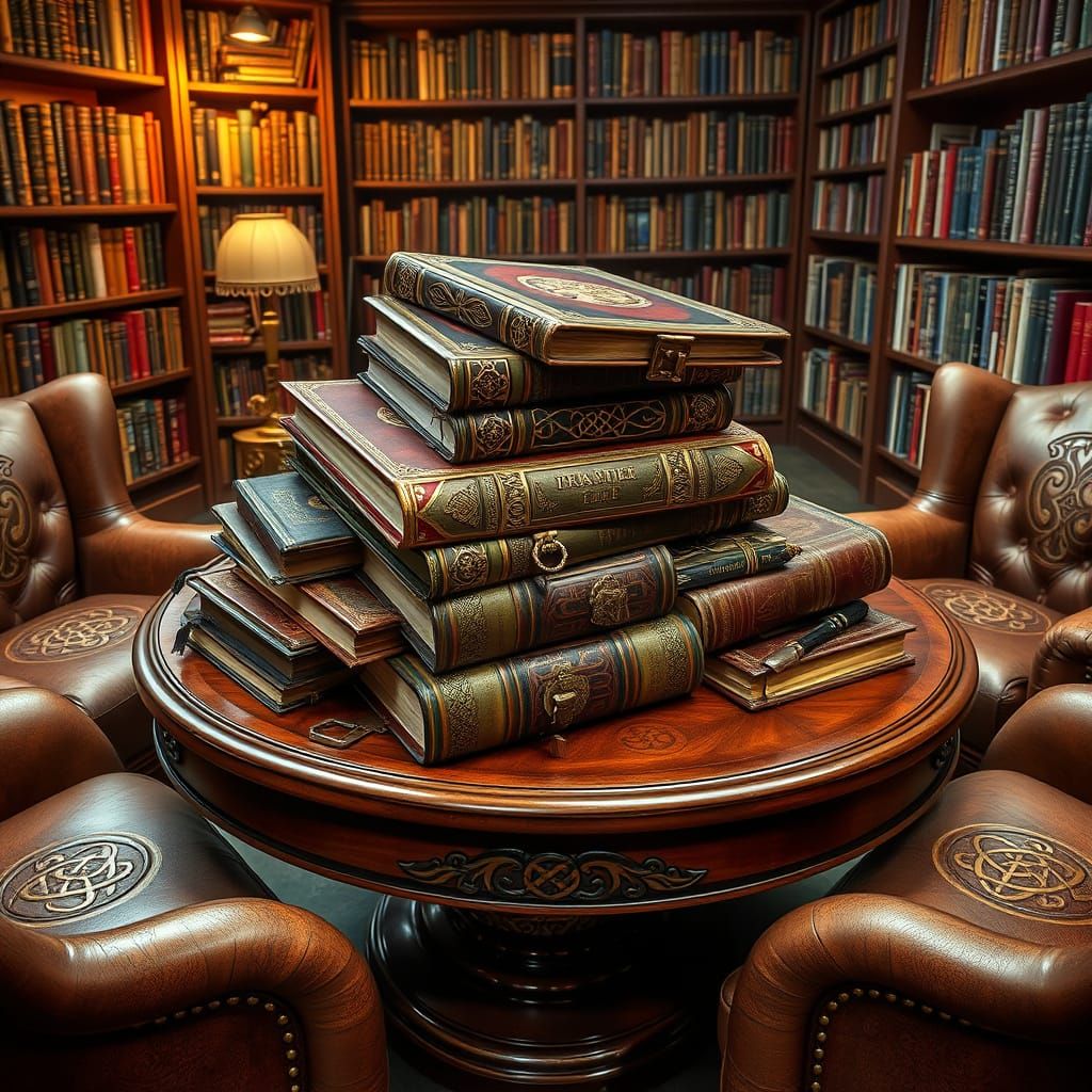 Vintage Leather-Bound Tomes in a Whimsical Bookstore
