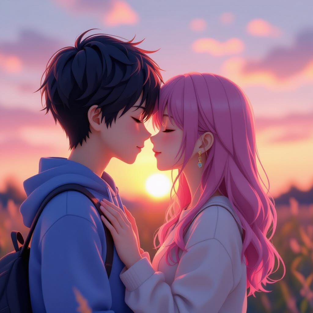 Anime Lovers Kiss at Sunset in 3D Style