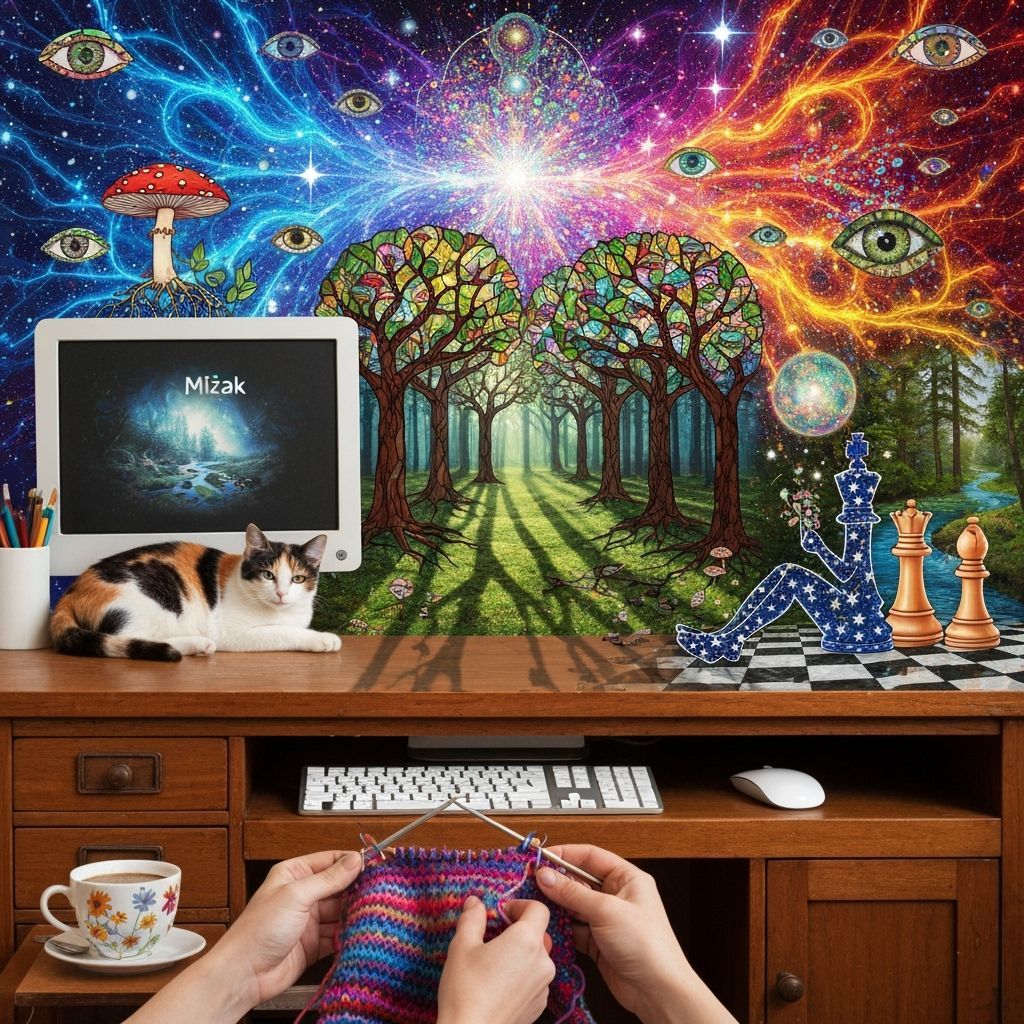 Calico Cat on Desk with Knitting in Surreal Bioluminescent S...