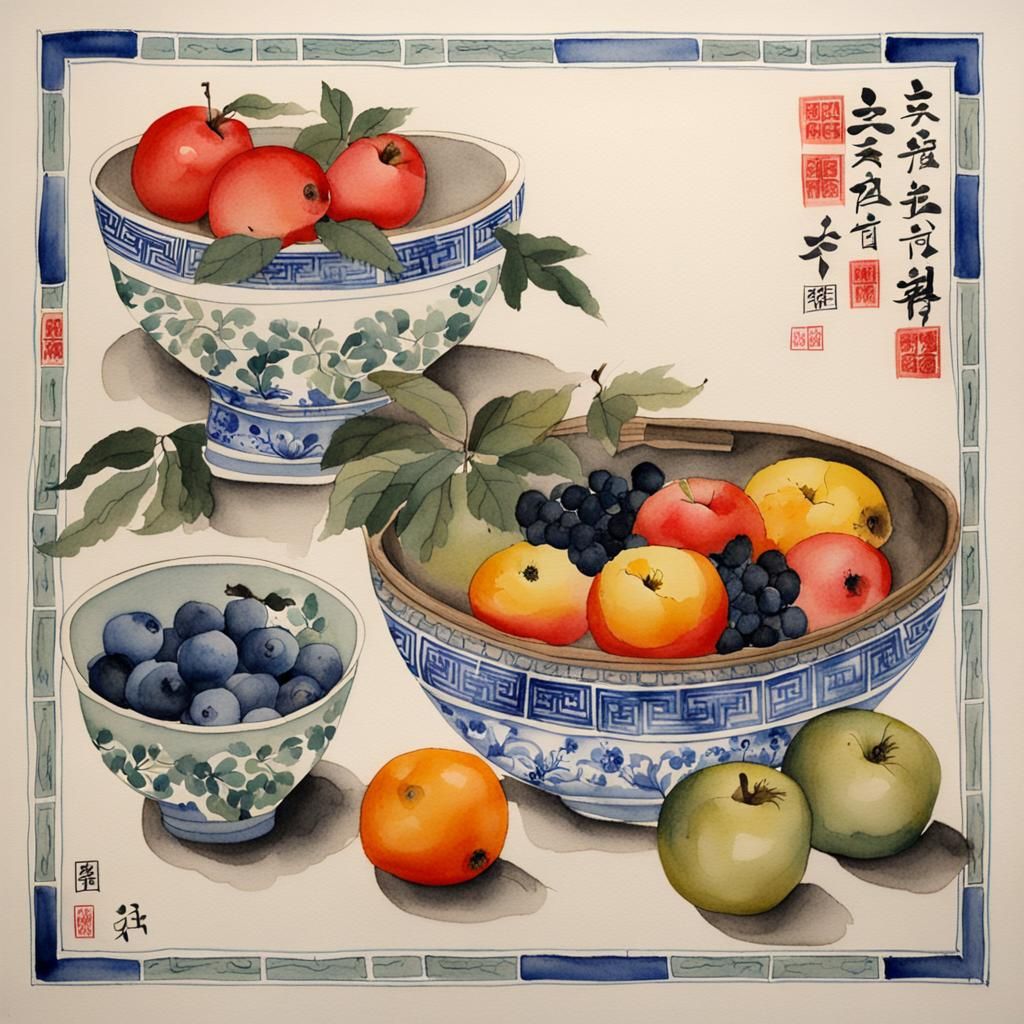Oriental Still Life: Folk Art, Ink, and Watercolor