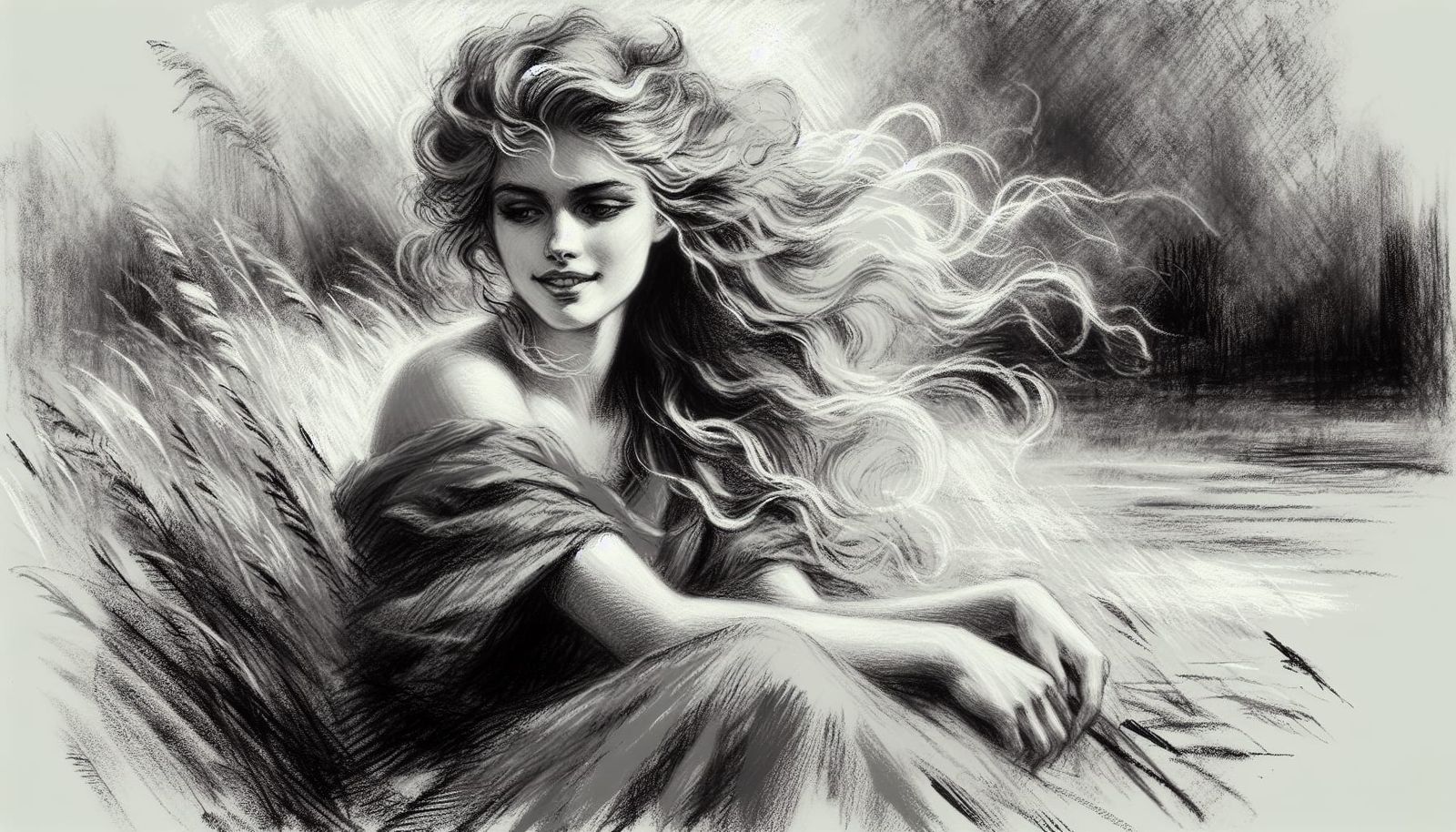 Norse Goddess in Charcoal Sketch, Romantic Style