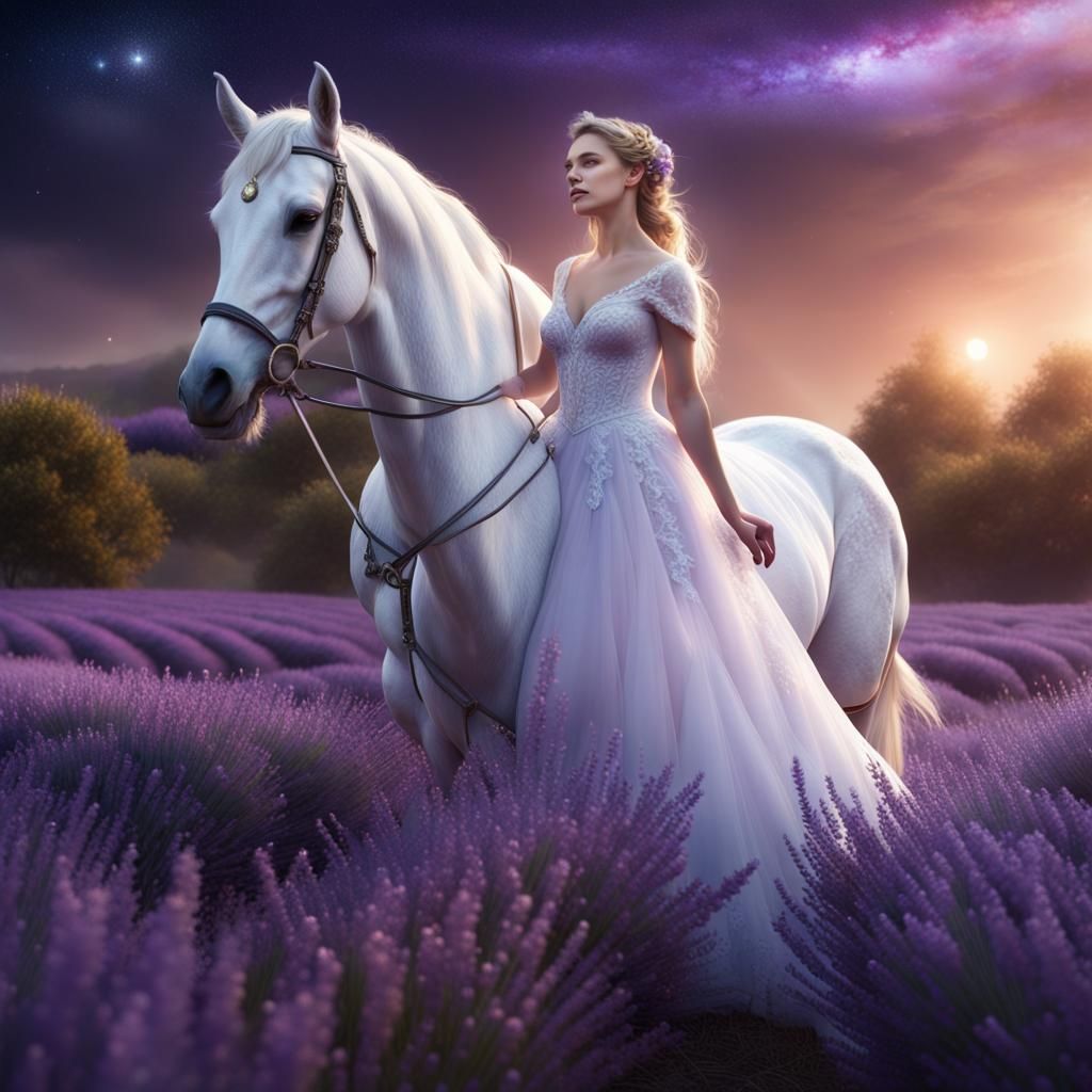 Bride and White Horse in Lavender Field