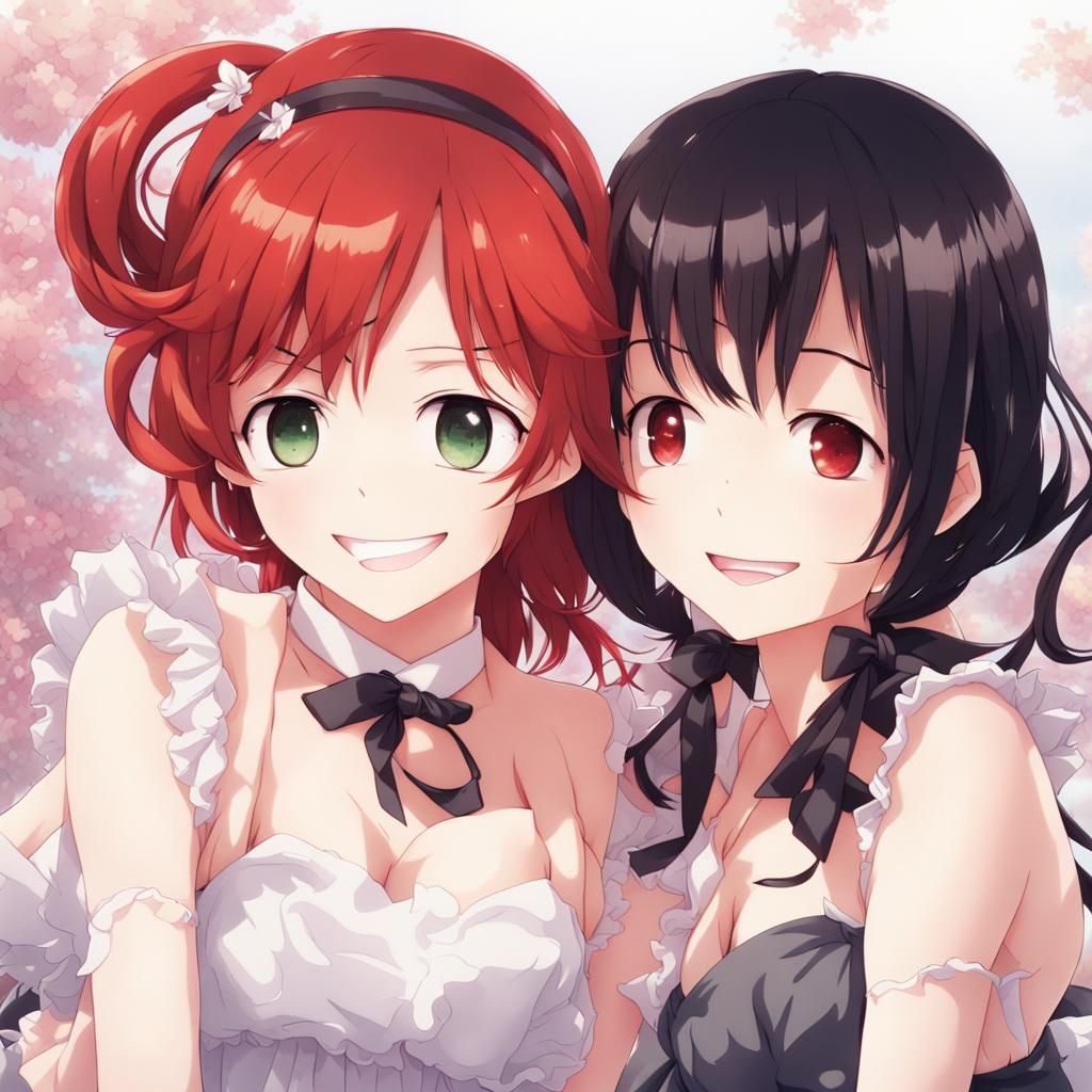 Two Girls with Red and Black Hair in Anime Style