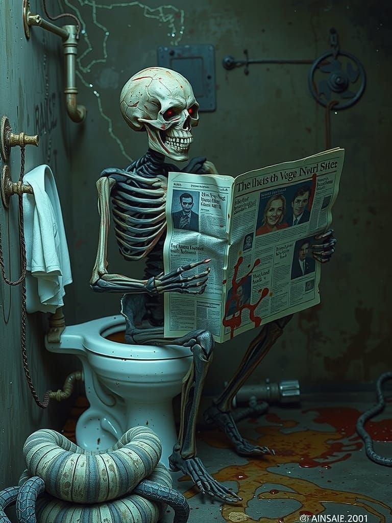 Grotesque Skeleton in Dimly Lit Bathroom Scene
