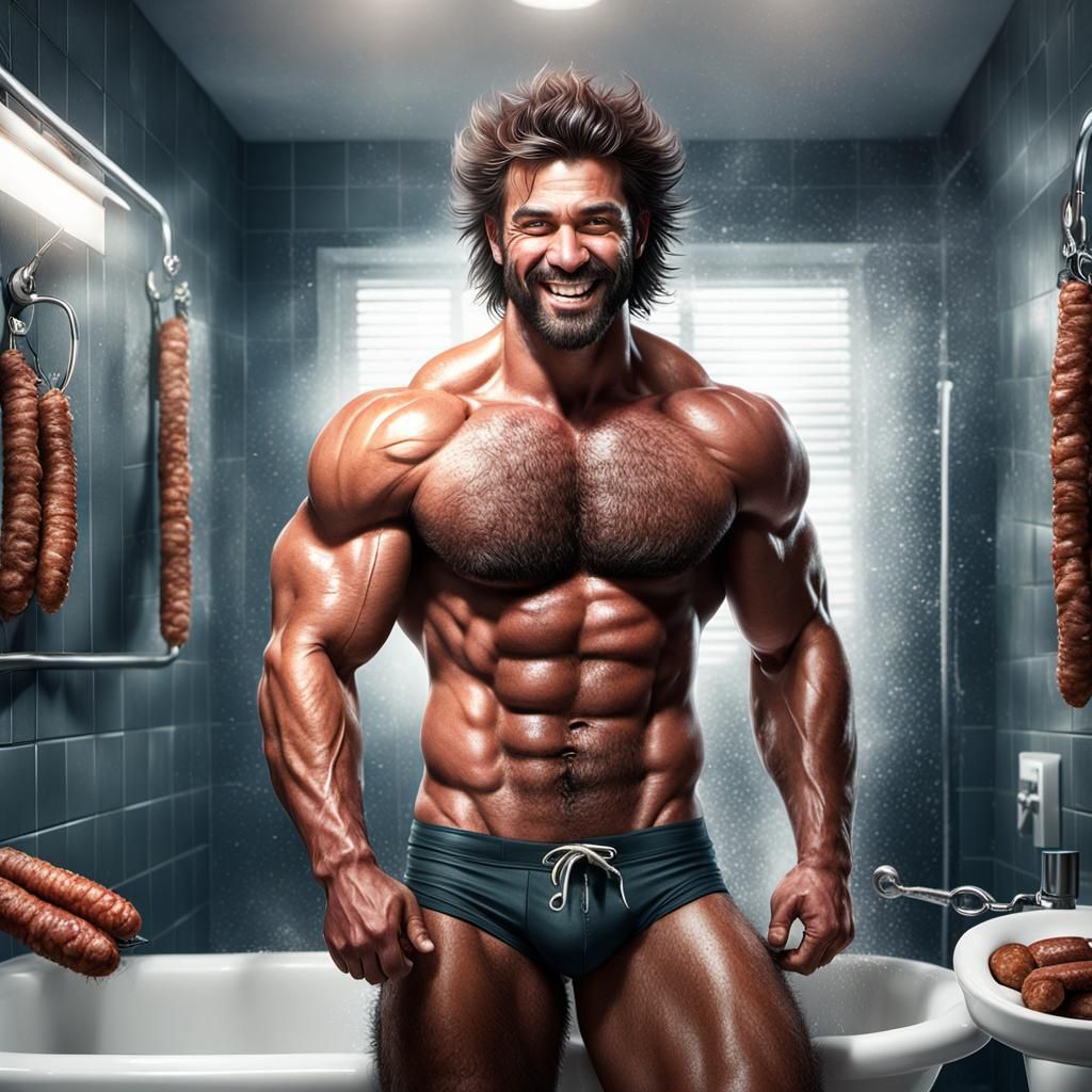 Hyperrealistic Hairy Muscle Man Cuts Sausages