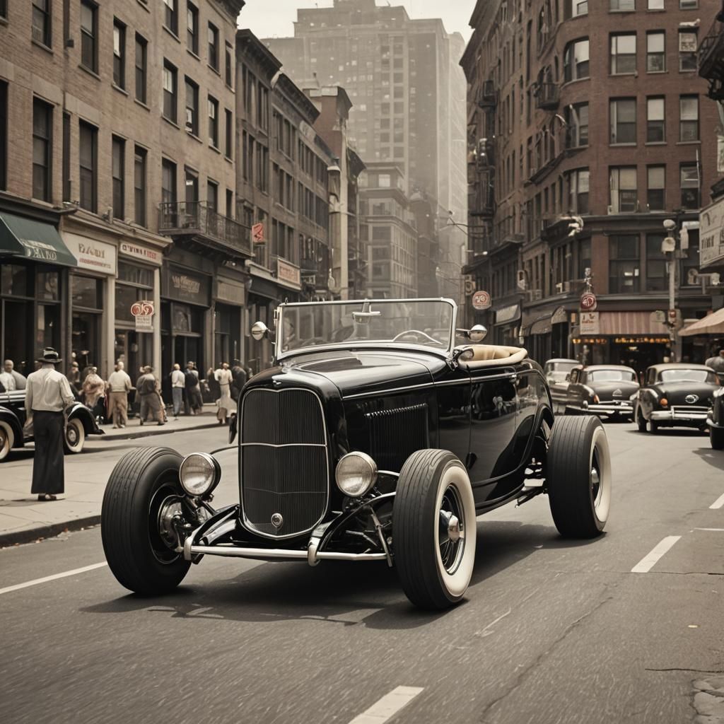 1932 Ford Roadster on 1950s City Street