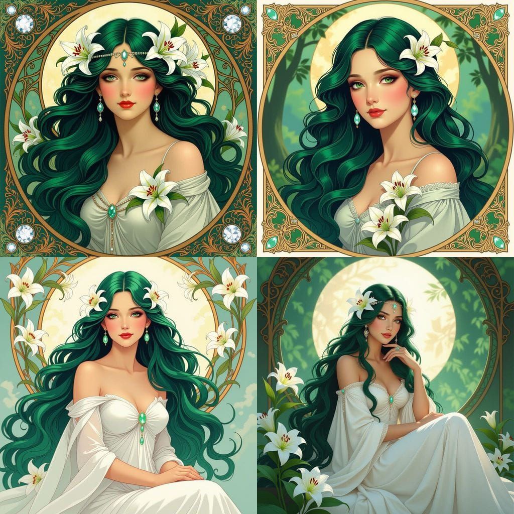 Goddess with Emerald Hair in Art Nouveau Style
