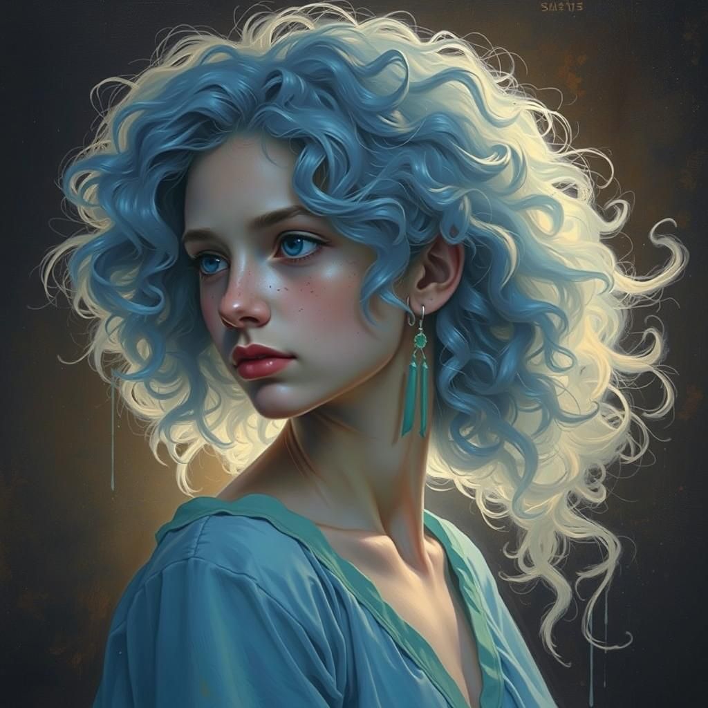 Blue-Haired Girl in Flowing Gown: Graffiti Art Portrait