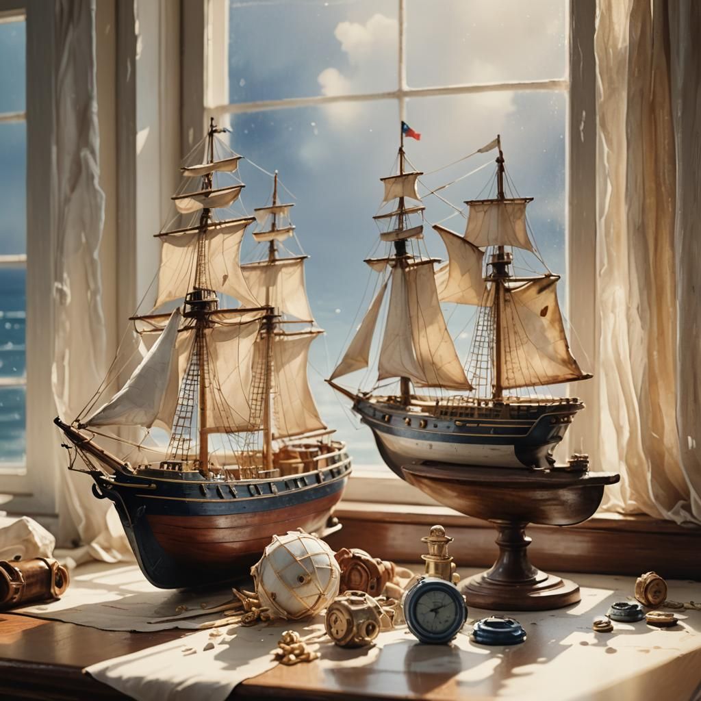 Ship Model Still Life in Watercolor Painting