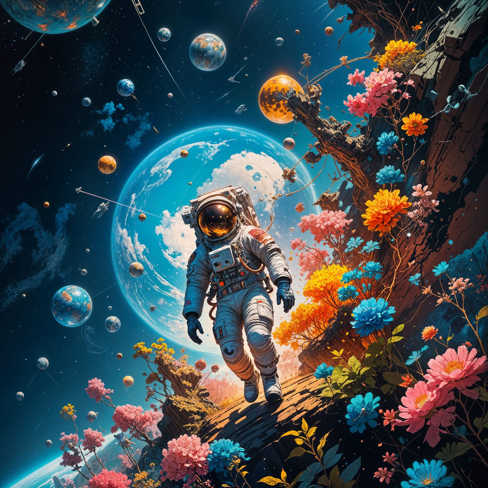 Elegant Astronaut in Cosmic Japanese-Inspired Art