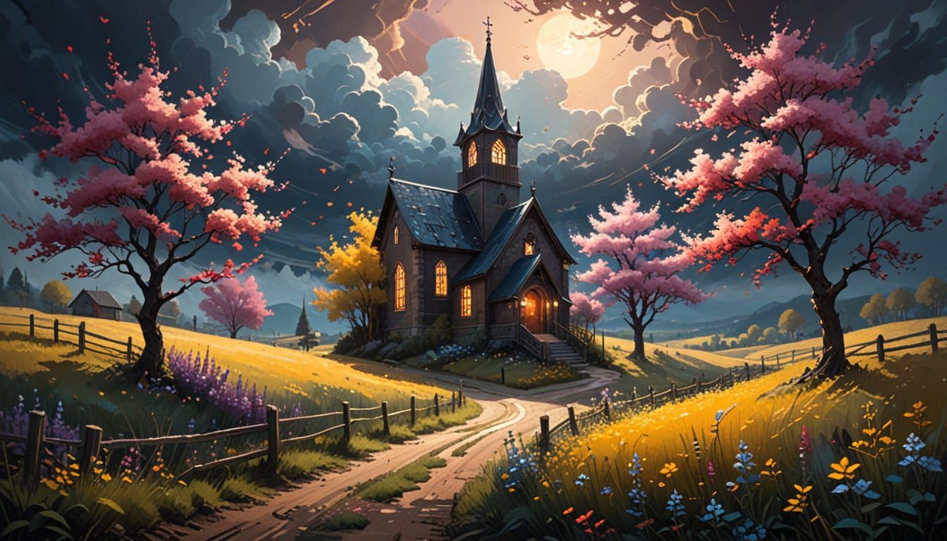 Night falls on the old country church