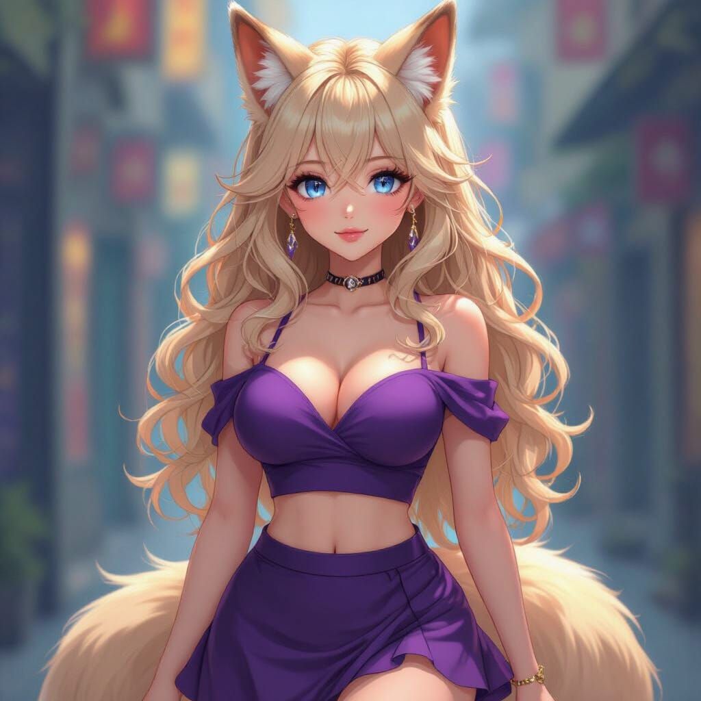 Anime Woman with Fox Ears in Purple Outfit