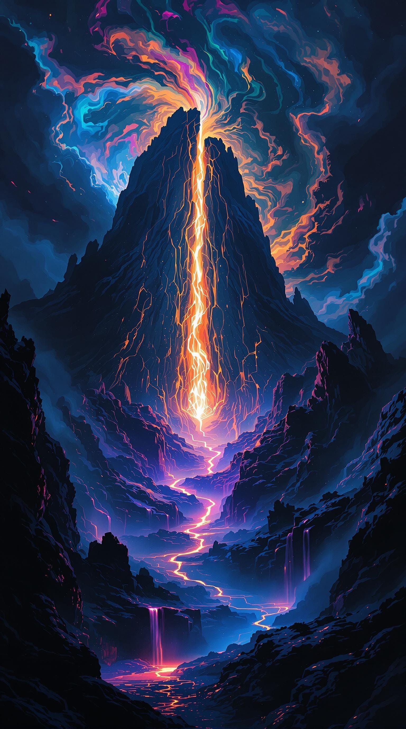 Surreal Landscape with Swirling Iridescent Shadows and Radia...