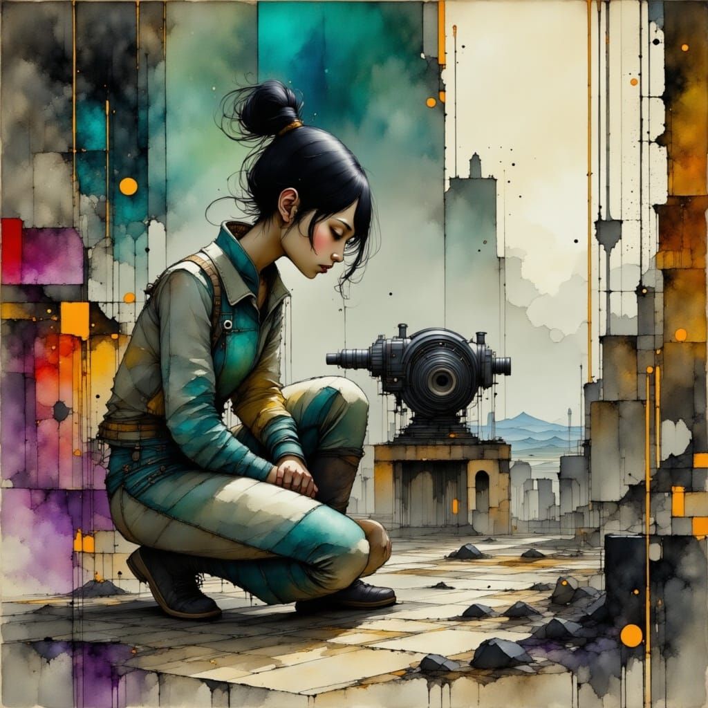 Cyberpunk Engineer in Wasteland, Syd Mead Style