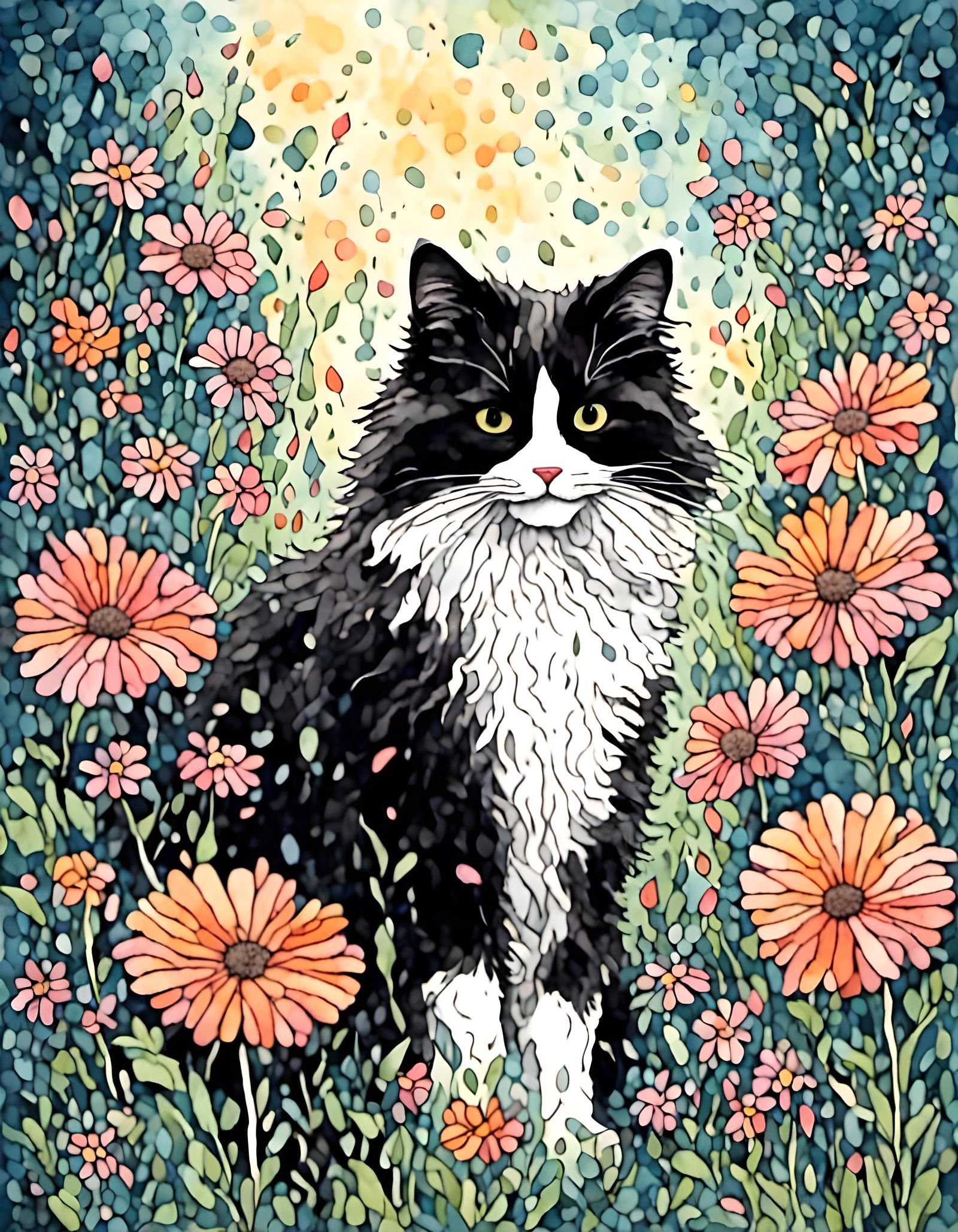 Goji in Serene Flower Garden, Watercolor Mixed-Media