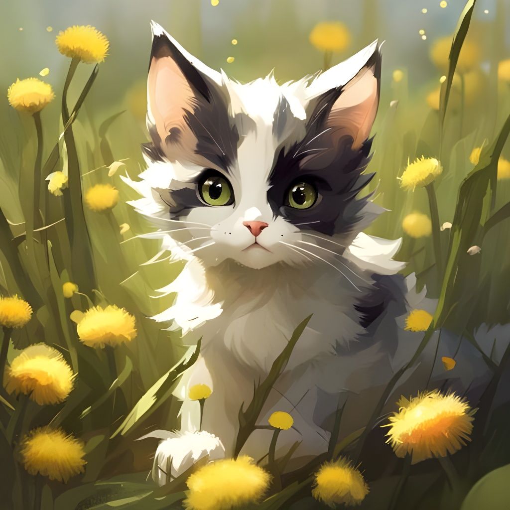 Cute Chibi Calico Kitten in Dandelions