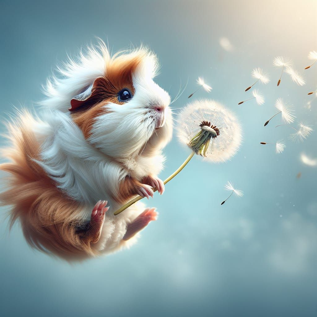 Guinea Pig's Whimsical Flight with Dandelion Seed