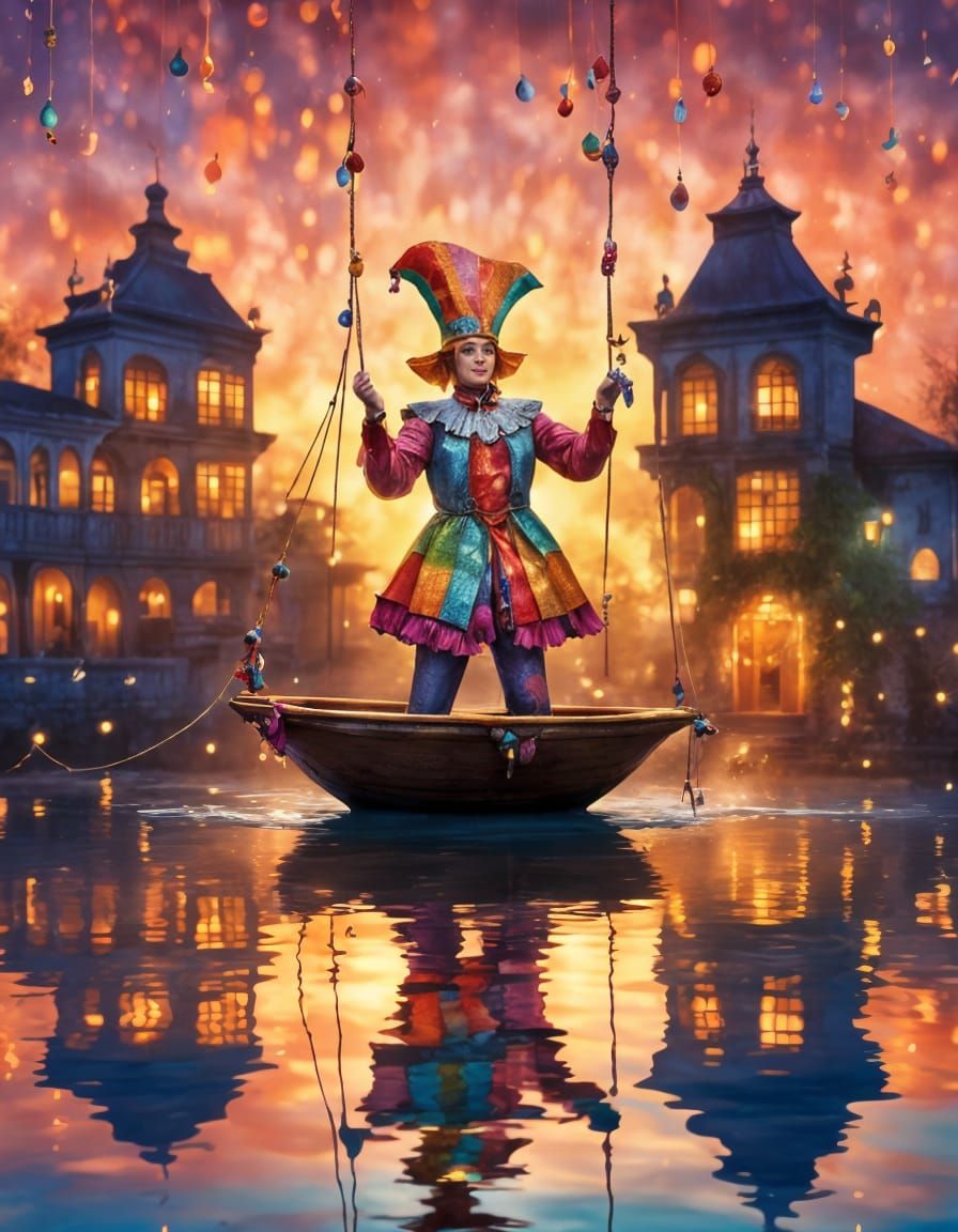 Jester Over Shimmering Water in Vibrant Sunset Scene