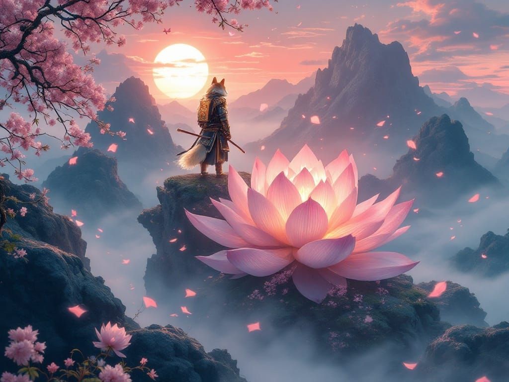 Shiba Inu Samurai on Lotus Flower in Ukiyo-e Style