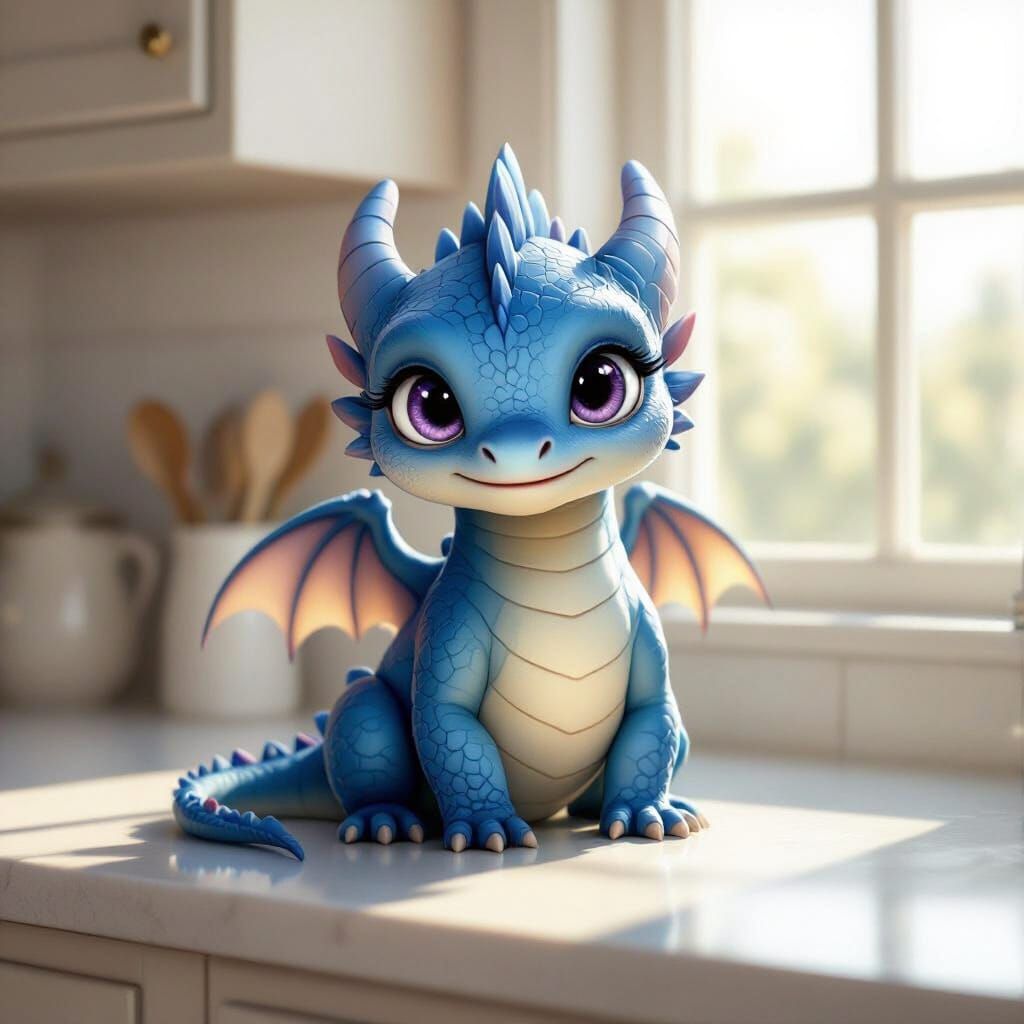 Adorable Baby Dragon with Violet Eyes on Kitchen Counter