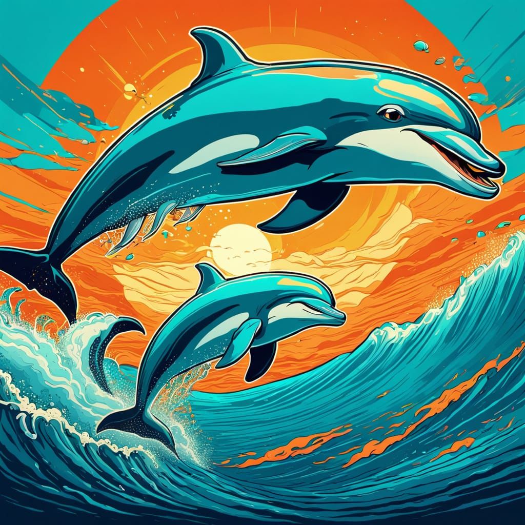 Dolphin and Whale in Retro 2D Cartoon Art