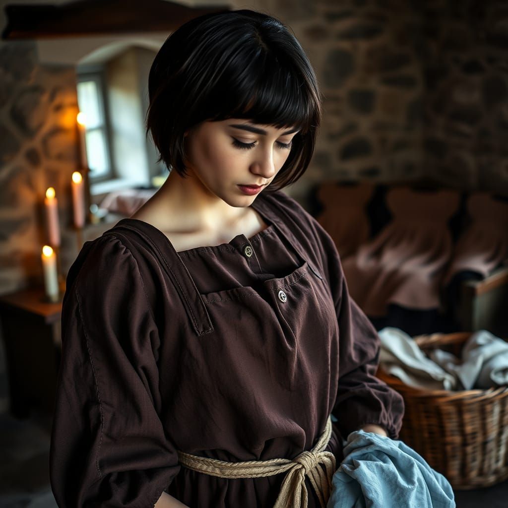 Medieval Maiden Contemplates New Dress in Candlelit Castle