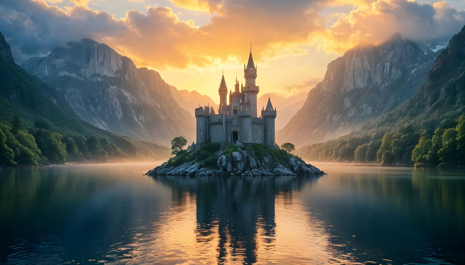 Fantasy Castle Island at Golden Hour Dawn