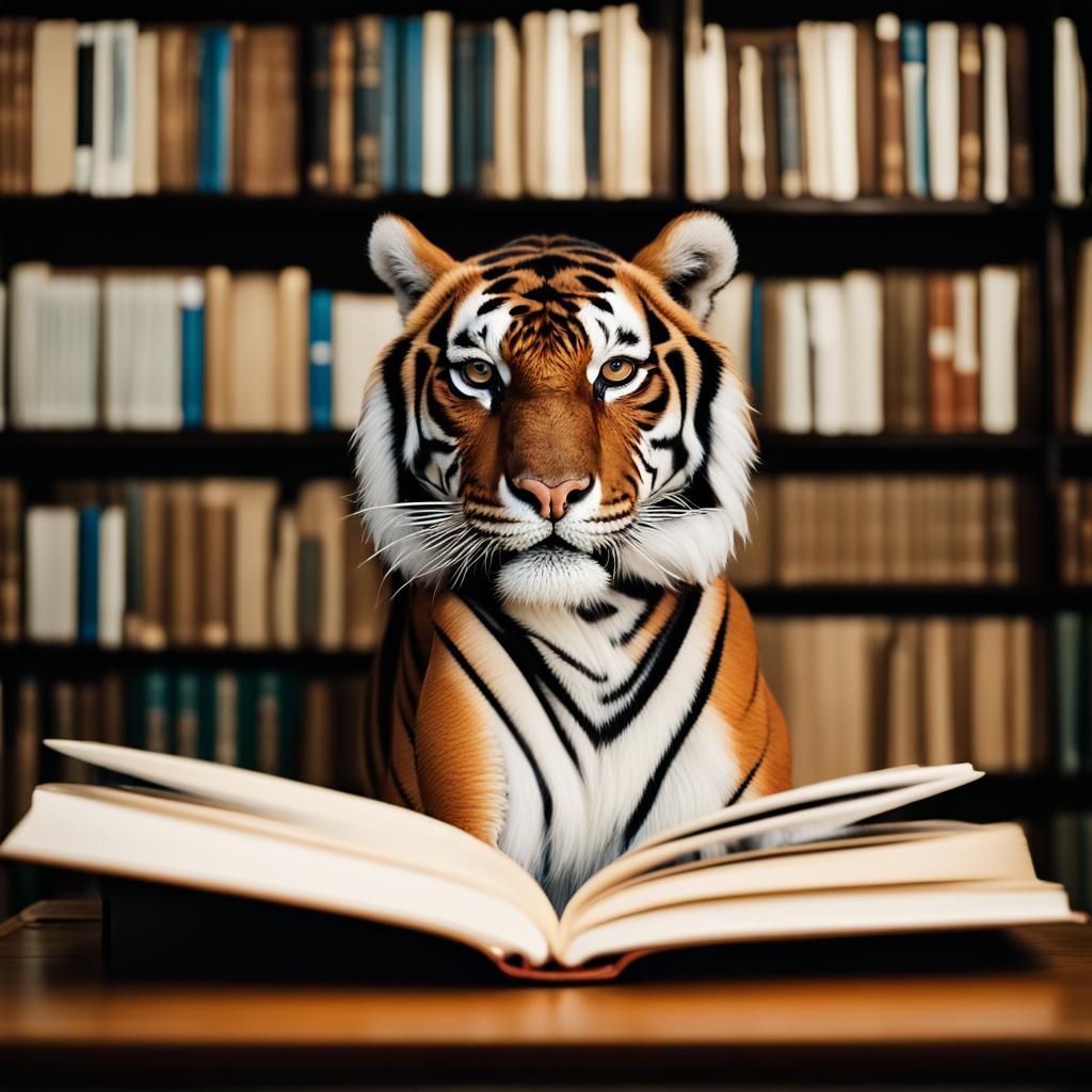 Tiger Reader Portrait in Library Setting