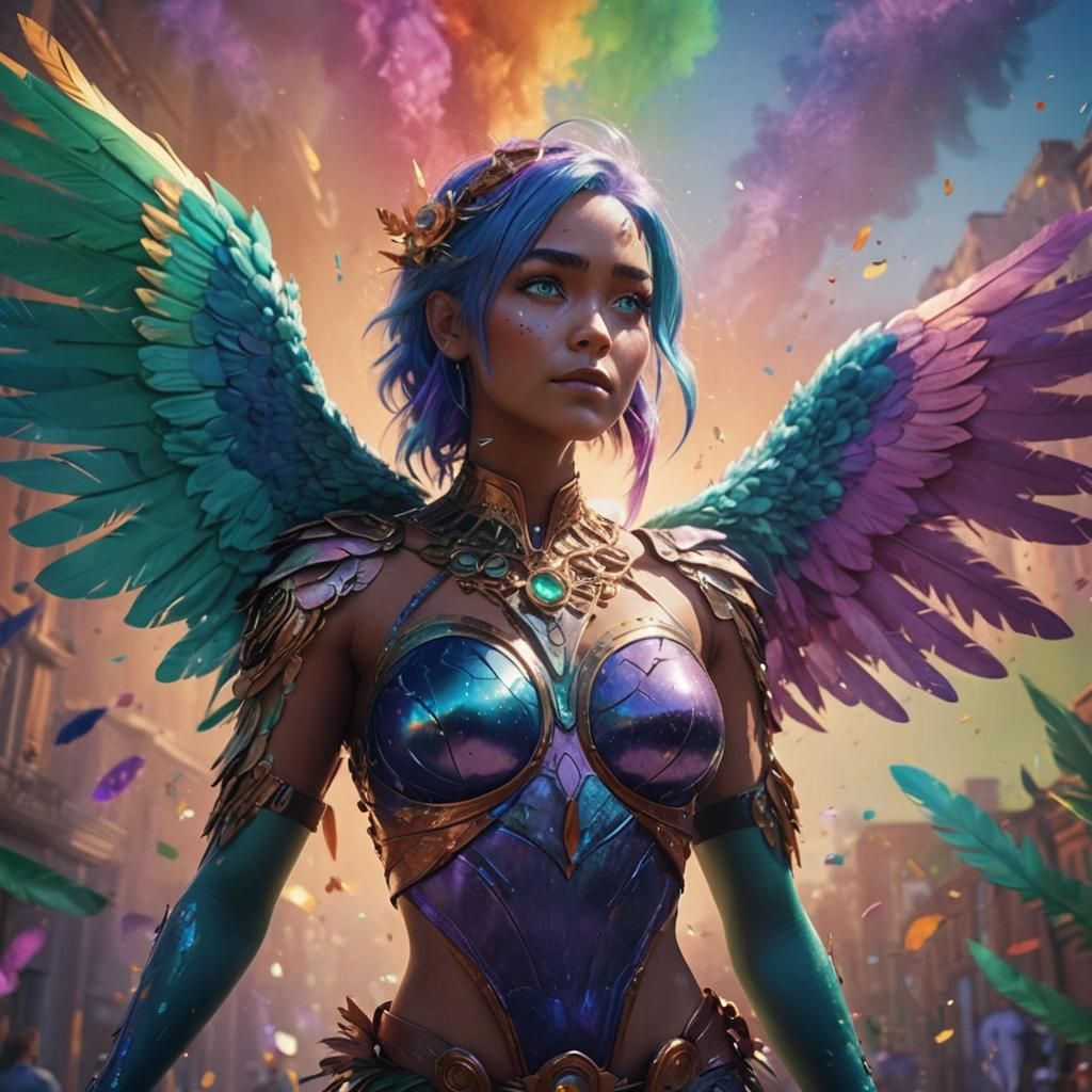 Metallic Rose Gold Woman with Feathers in Pixar Style