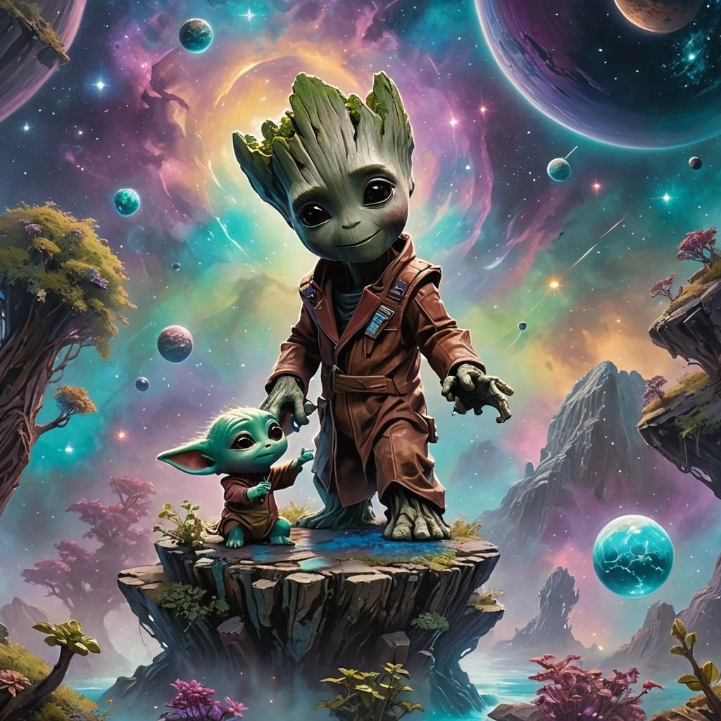 Baby Groot playing with baby Yoda