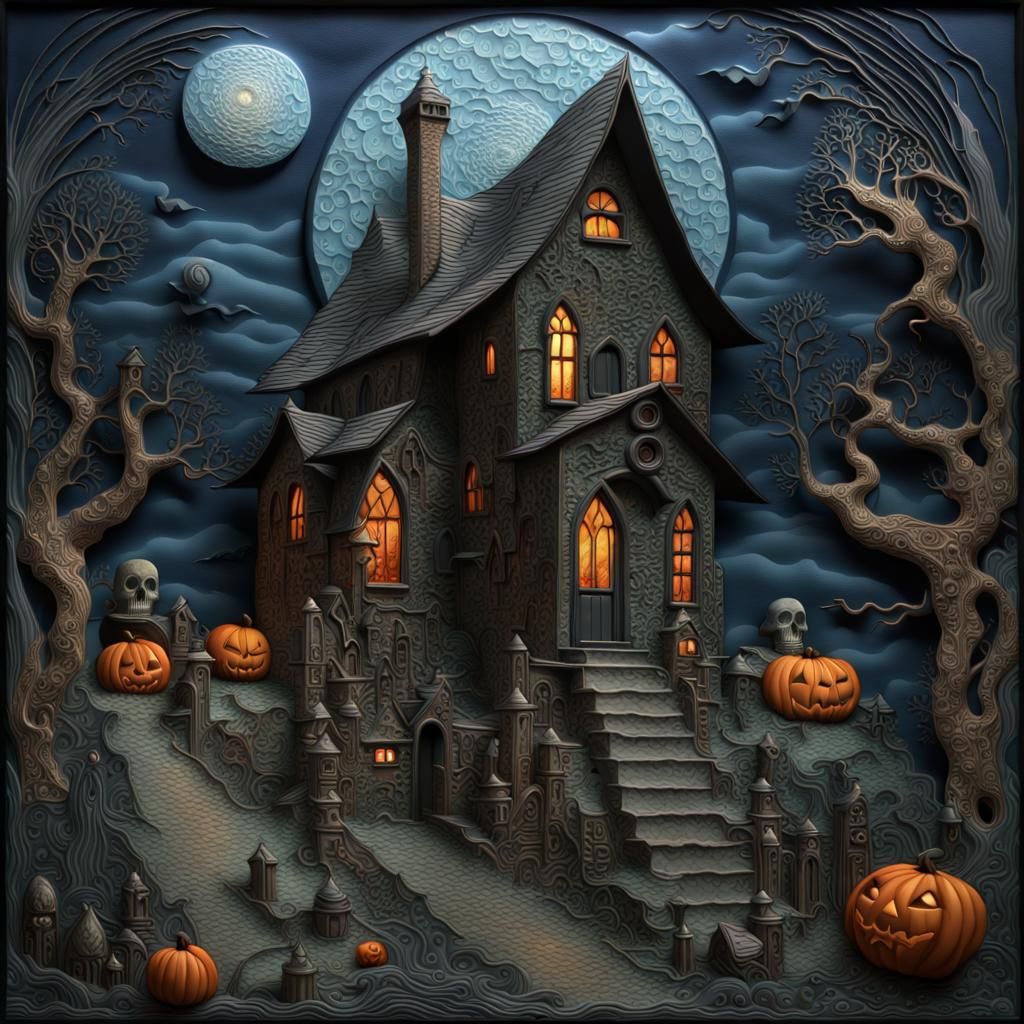 Spooky 3D Graveyard Village in Textile Art Style