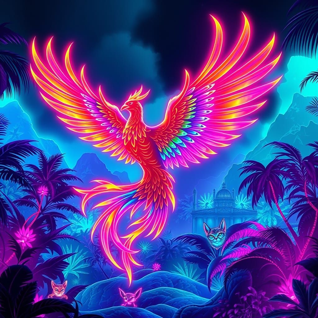 Vaporwave Phoenix Soaring Through Electric Jungle