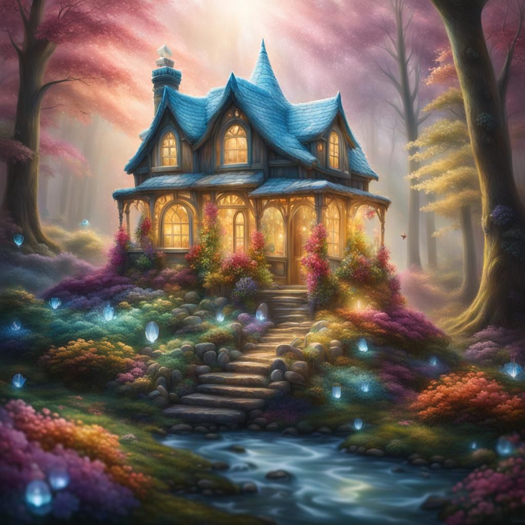 Mystical Crystal House in Woods: Ethereal Fantasy