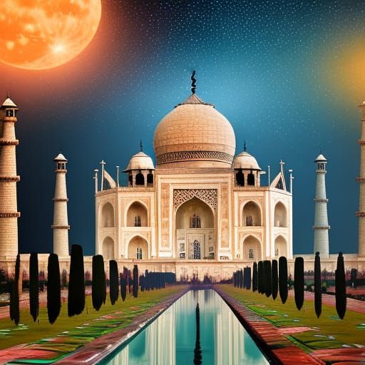 Taj Mahal at Night Under Full Moon