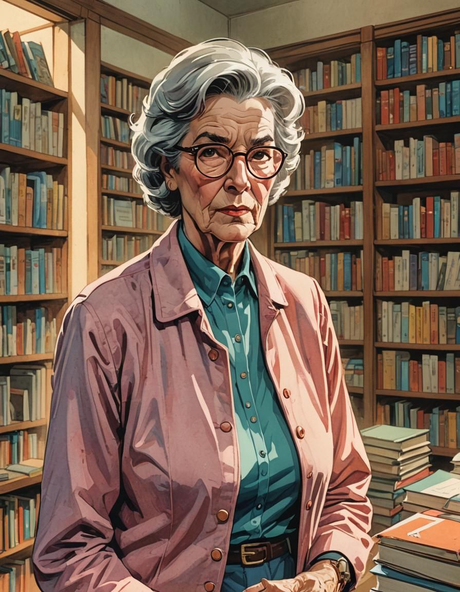 Timid Teacher in Library, Comic Book Portrait