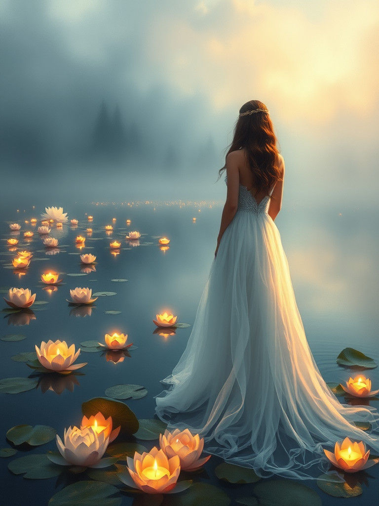 Ethereal Lotus Lake Scene in Romantic Realism