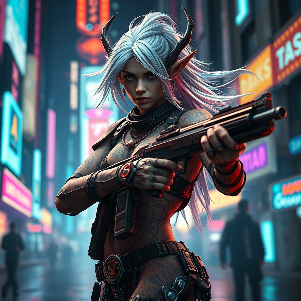 Cyberpunk Elf in Combat Suit with Iridescent Hair
