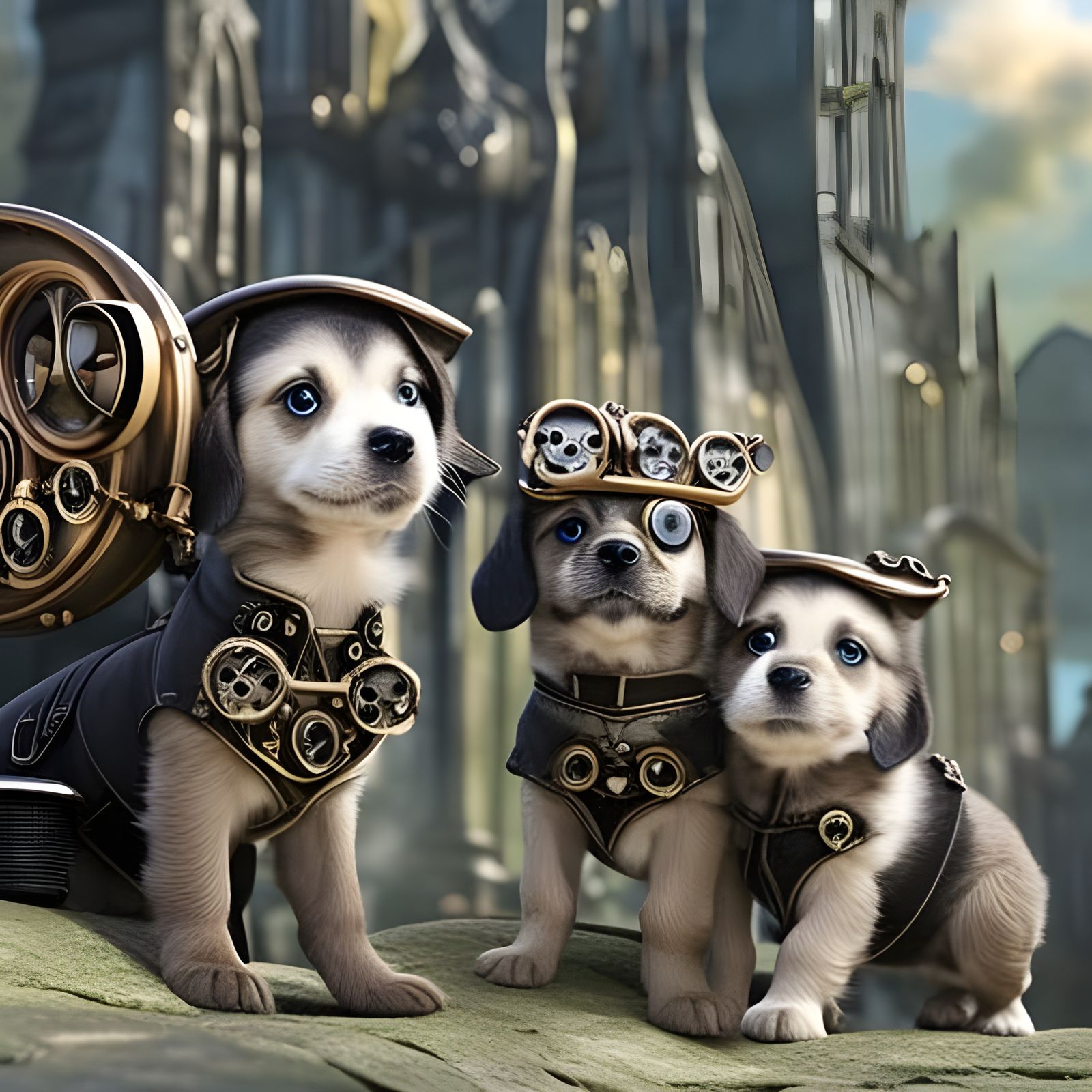 Cartoon Steampunk Puppies in Magical Setting