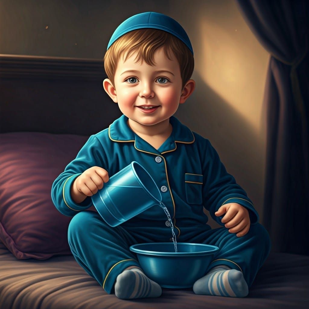 Young Hasidic Boy in Velvet Bed, Cozy Children's Room