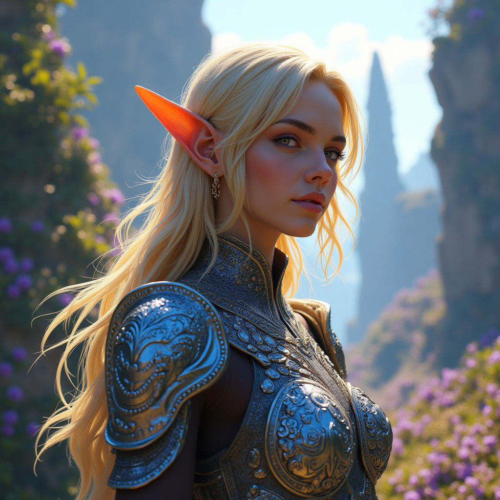 Blond Elf Woman in Mystical Landscape, Digital Art